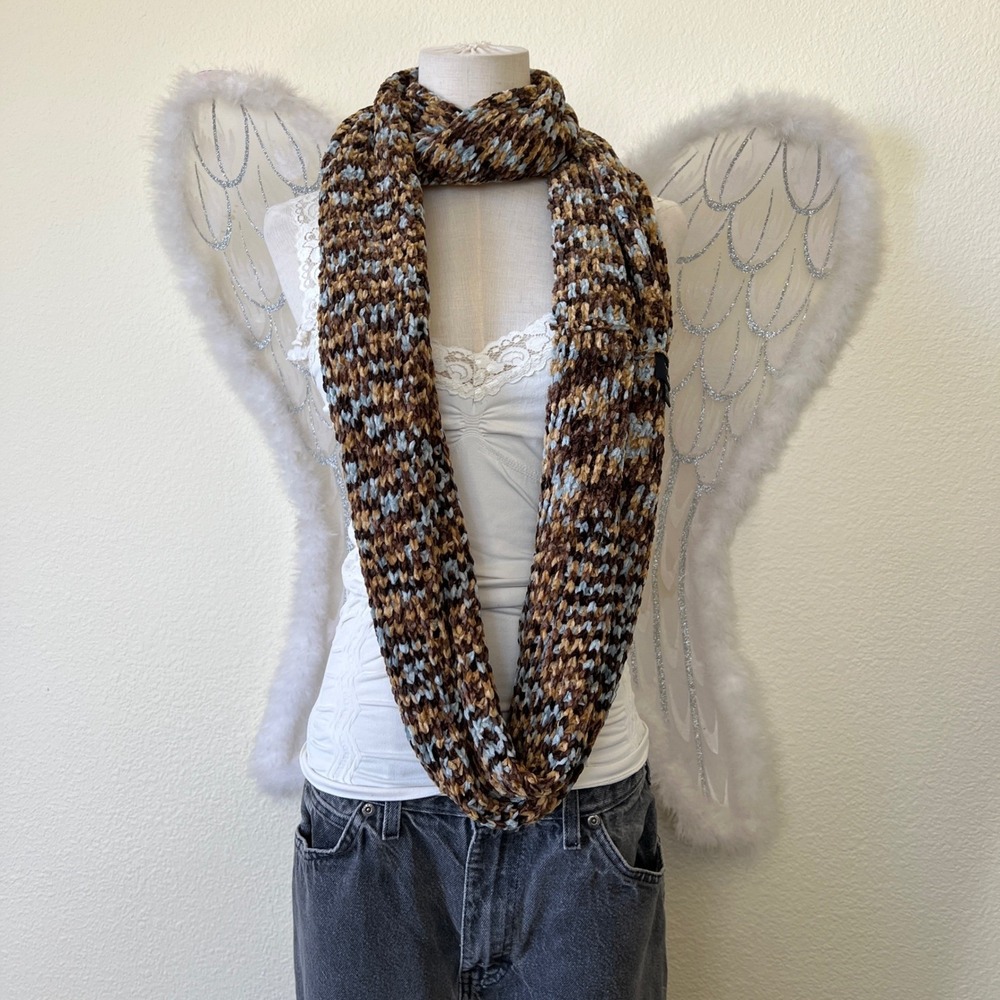 Cozy Chenille Infinity Scarf Brown Tan Blue Speckled‎ Plush Warm Winter Chunky